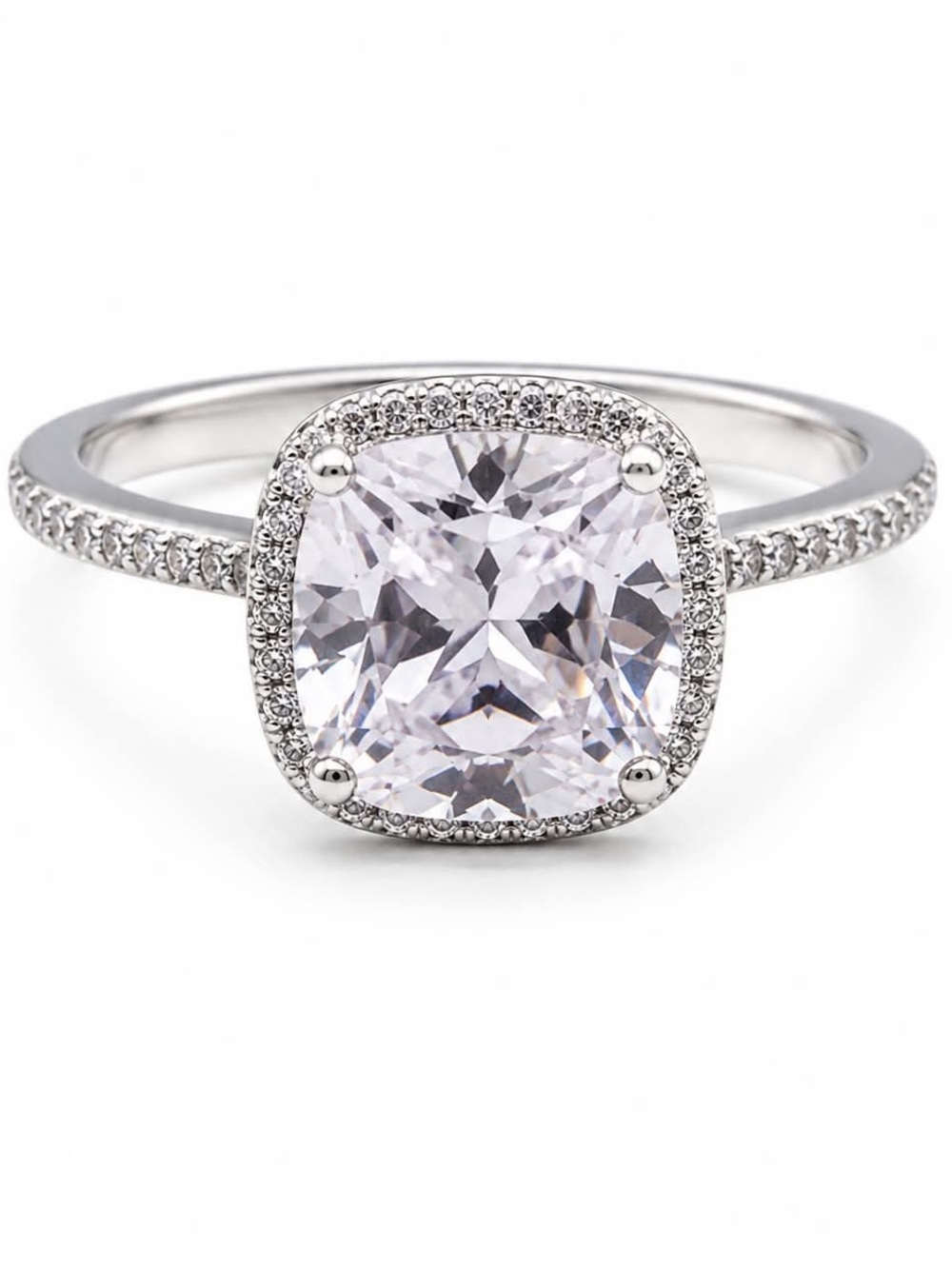 Cushion Halo Solitaire Ring in Silver with Clear Center Stone